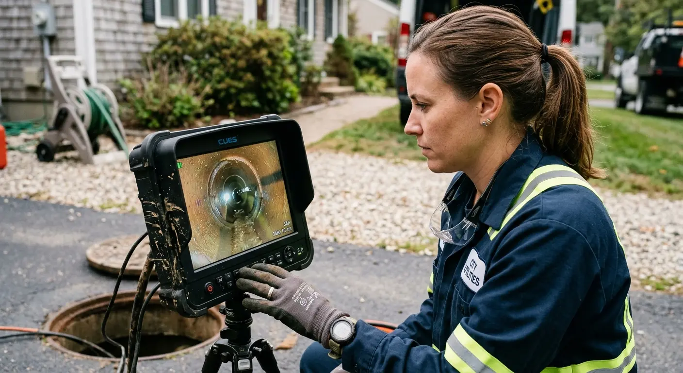 Technician reviewing sewer camera inspection footage in The Dalles