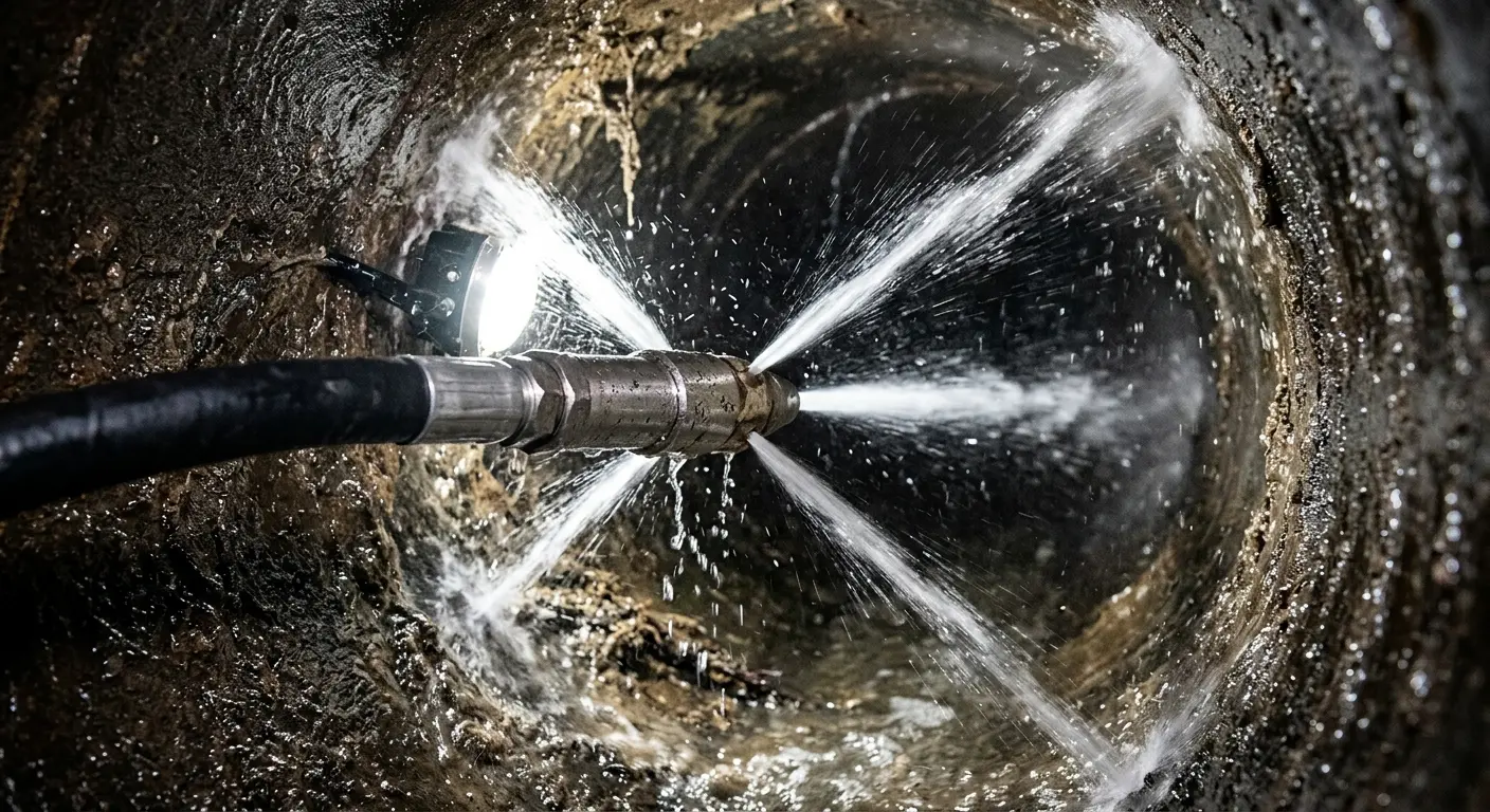 High-pressure hydro jetting nozzle cleaning sewer pipe for Sewer Line Relining in The Dalles