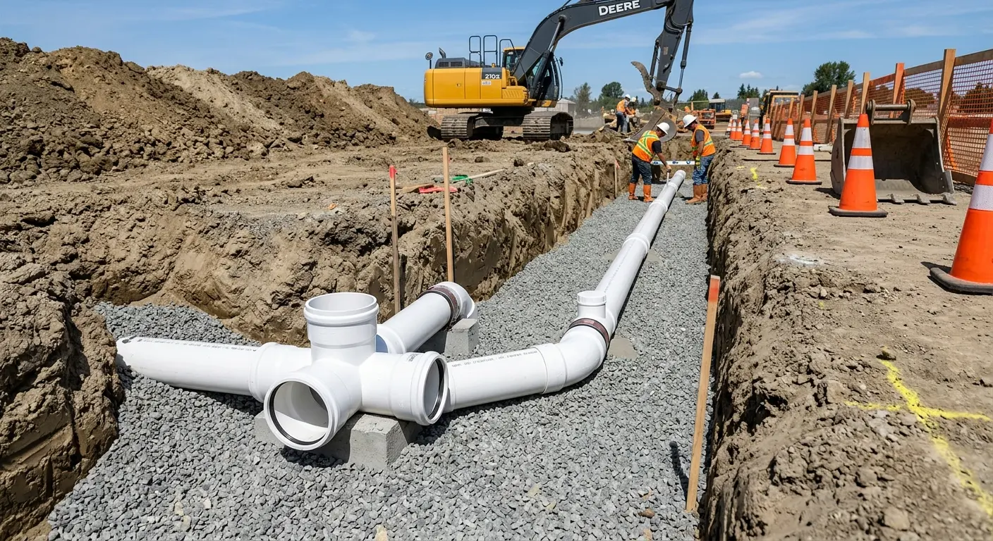 New PVC sewer pipe installation in open trench for Sewer Backup in The Dalles