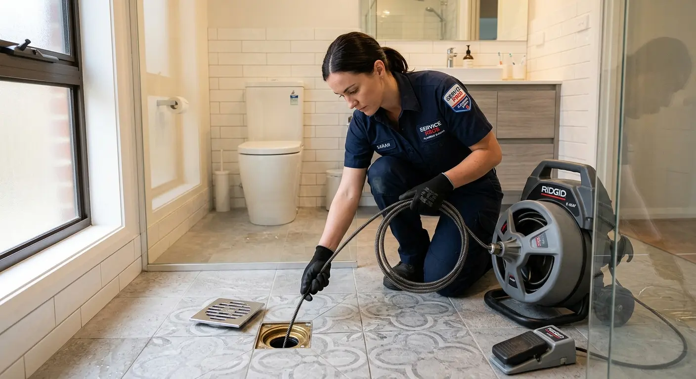 Technician clearing a bathroom floor drain for Drain Cleaning in The Dalles